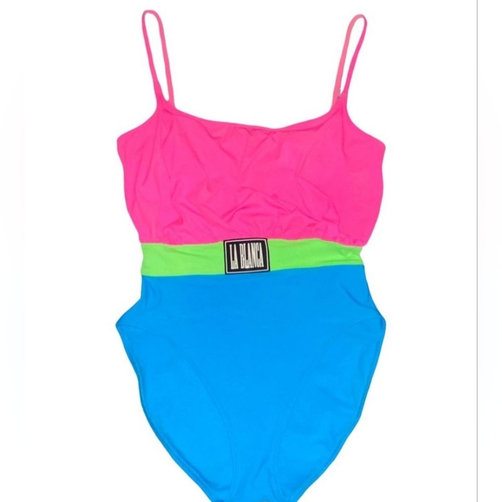 L VTG 80s La Blanca Neon Colorblock High Cut Swimsuit